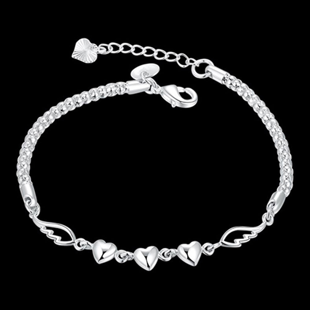 Womens 925 Sterling Silver Charm Love Heart Wings Bracelet Cuff Bangle Jewelry Image 1