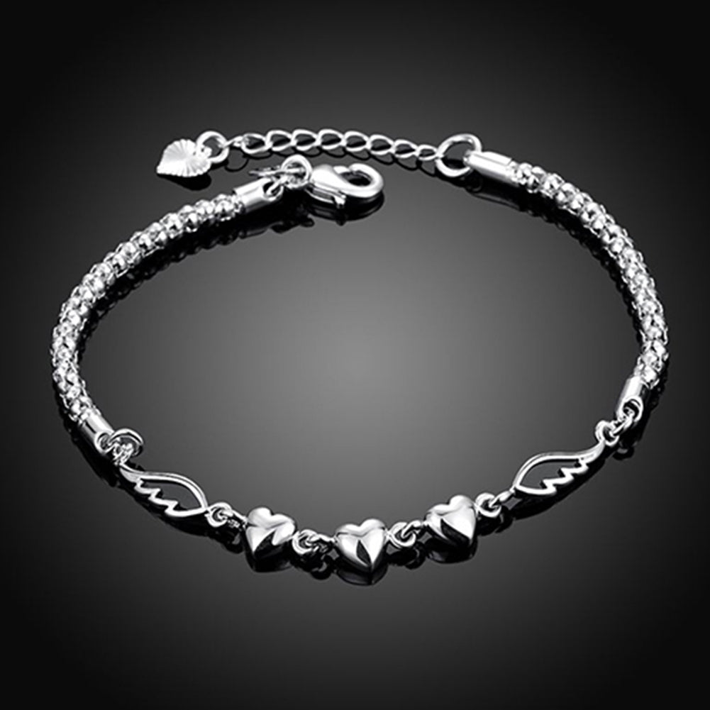 Womens 925 Sterling Silver Charm Love Heart Wings Bracelet Cuff Bangle Jewelry Image 2