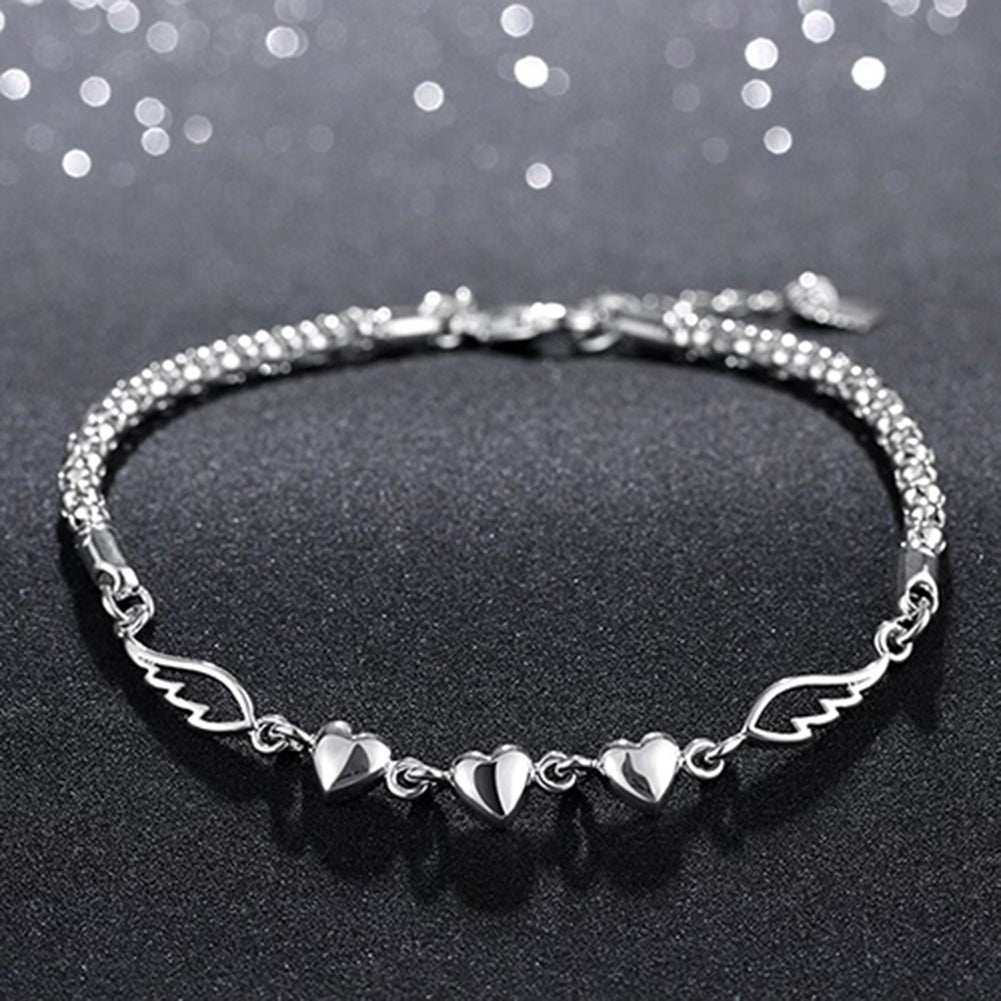 Womens 925 Sterling Silver Charm Love Heart Wings Bracelet Cuff Bangle Jewelry Image 3