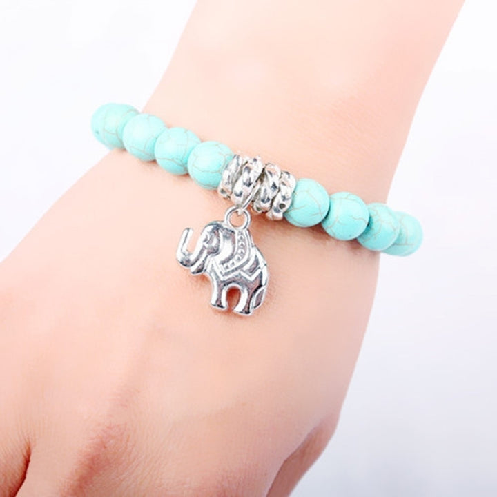 Fashion Natural Turquoise Stone Bead Tibet Silver Tone Elephant Charm Bracelet Image 2