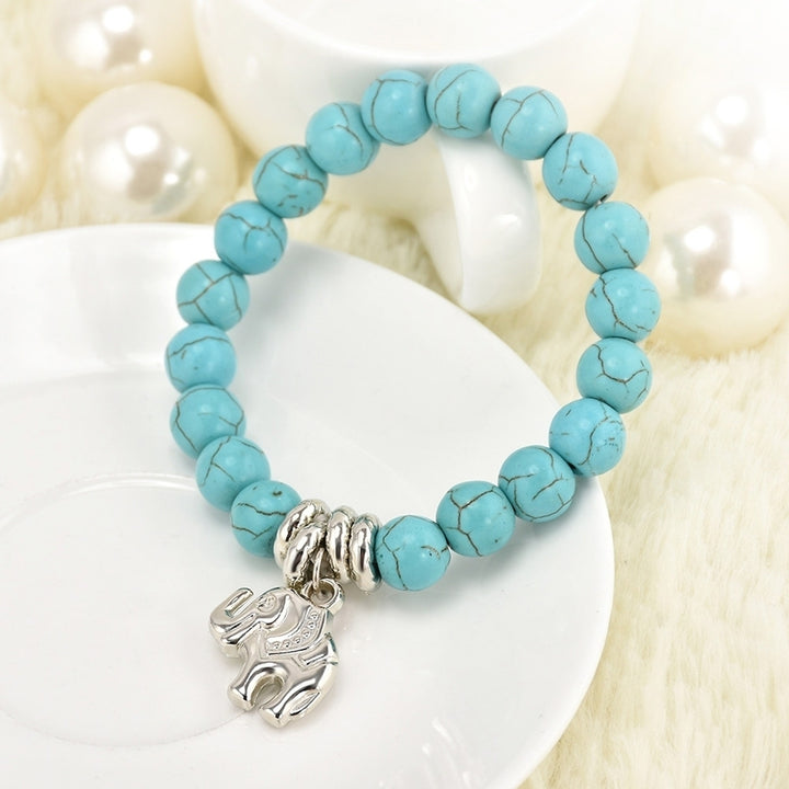 Fashion Natural Turquoise Stone Bead Tibet Silver Tone Elephant Charm Bracelet Image 3