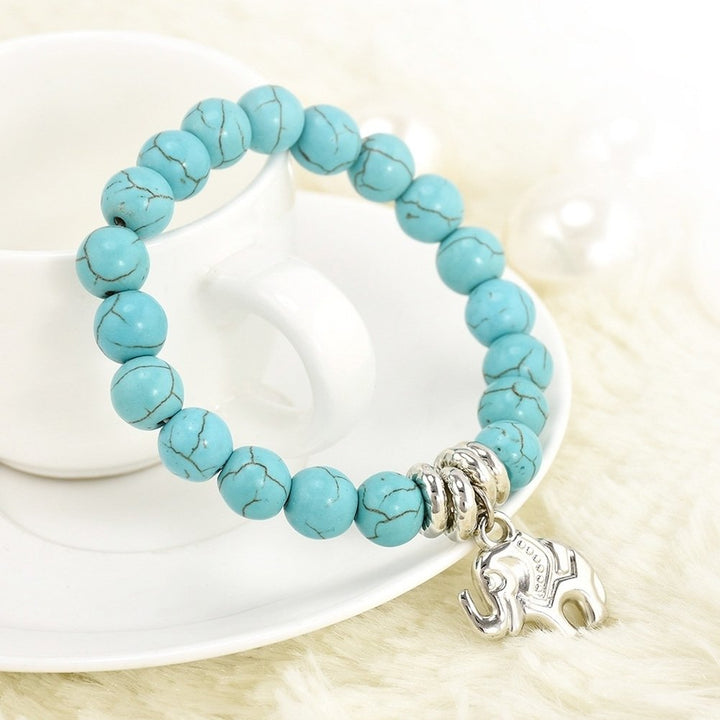 Fashion Natural Turquoise Stone Bead Tibet Silver Tone Elephant Charm Bracelet Image 4