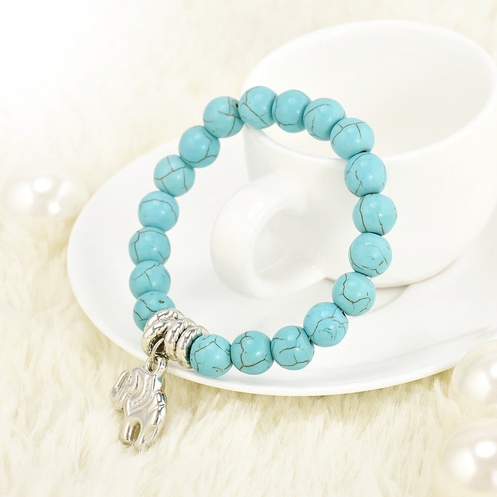 Fashion Natural Turquoise Stone Bead Tibet Silver Tone Elephant Charm Bracelet Image 4