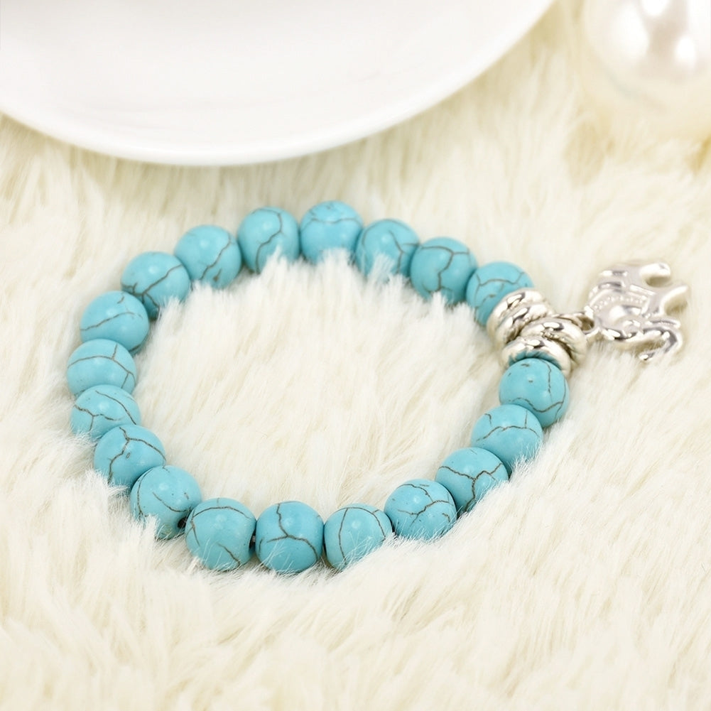 Fashion Natural Turquoise Stone Bead Tibet Silver Tone Elephant Charm Bracelet Image 6