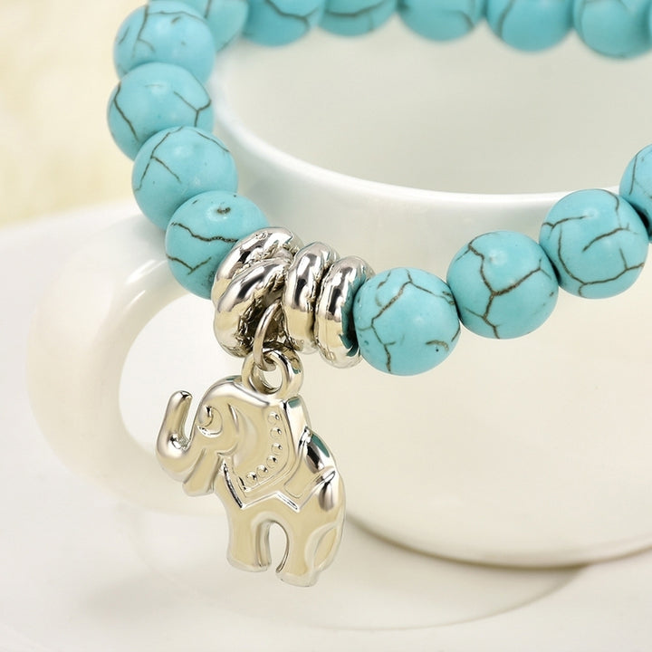 Fashion Natural Turquoise Stone Bead Tibet Silver Tone Elephant Charm Bracelet Image 7