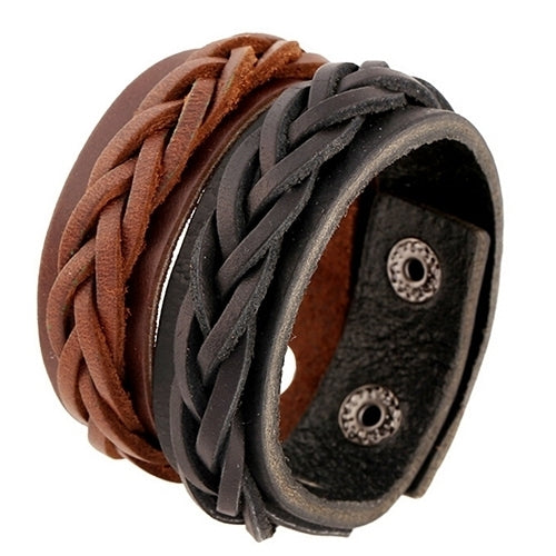 Mens Cool Classic Style Knitted Leather Bangle Punk Wristband Cuff Bracelet Image 1