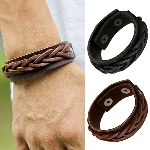 Mens Cool Classic Style Knitted Leather Bangle Punk Wristband Cuff Bracelet Image 3