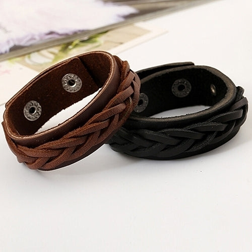 Mens Cool Classic Style Knitted Leather Bangle Punk Wristband Cuff Bracelet Image 4