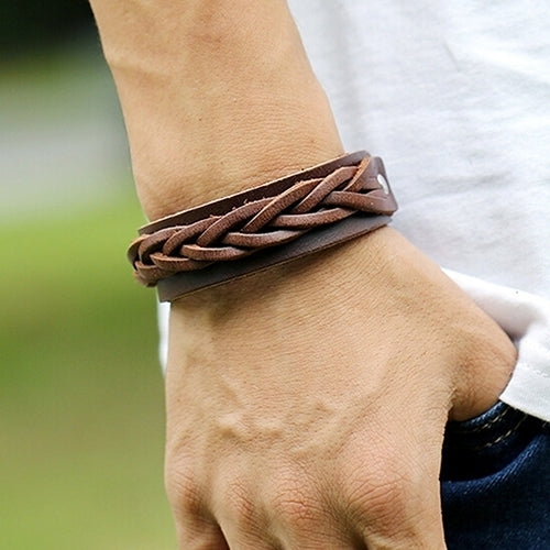 Mens Cool Classic Style Knitted Leather Bangle Punk Wristband Cuff Bracelet Image 4