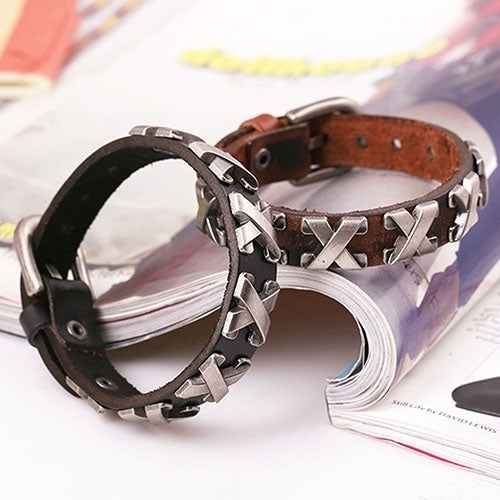 Womens Mens Punk Stylish Leather Bangle Alloy Wristband Cuff Bracelet Jewelry Image 2