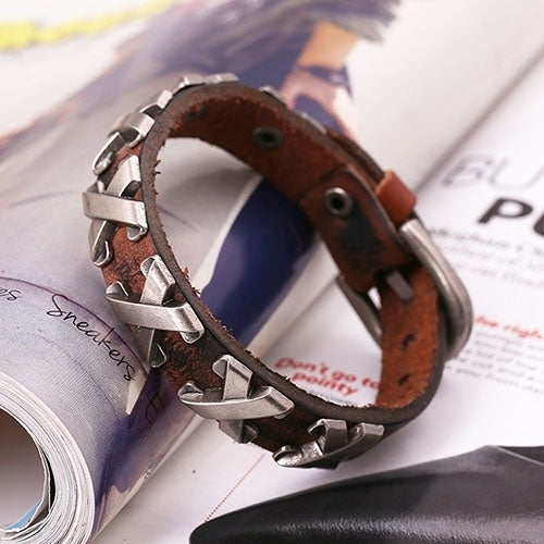 Womens Mens Punk Stylish Leather Bangle Alloy Wristband Cuff Bracelet Jewelry Image 3