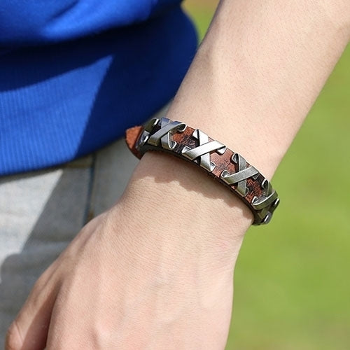 Womens Mens Punk Stylish Leather Bangle Alloy Wristband Cuff Bracelet Jewelry Image 4