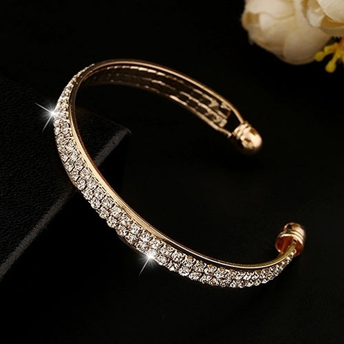 Ladys 2 Rows Crystal Rhinestone Bangle Wristband Cuff Open Bracelet Jewelry Image 1