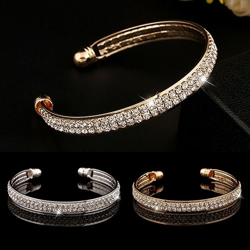 Ladys 2 Rows Crystal Rhinestone Bangle Wristband Cuff Open Bracelet Jewelry Image 2