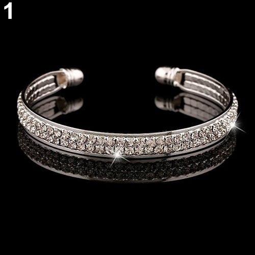 Ladys 2 Rows Crystal Rhinestone Bangle Wristband Cuff Open Bracelet Jewelry Image 3