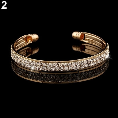 Ladys 2 Rows Crystal Rhinestone Bangle Wristband Cuff Open Bracelet Jewelry Image 4