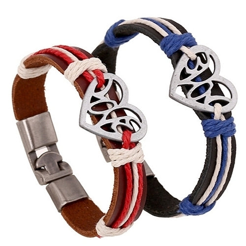 Lover Couple Hollow Love Heart Knitted Leather Bangle Alloy Cuff Buckle Bracelet Image 1