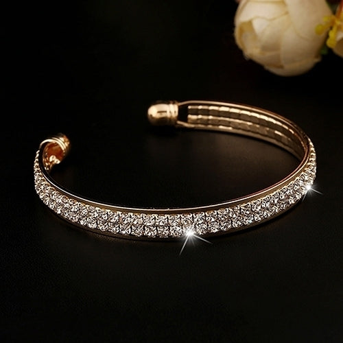 Ladys 2 Rows Crystal Rhinestone Bangle Wristband Cuff Open Bracelet Jewelry Image 4