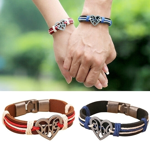 Lover Couple Hollow Love Heart Knitted Leather Bangle Alloy Cuff Buckle Bracelet Image 2