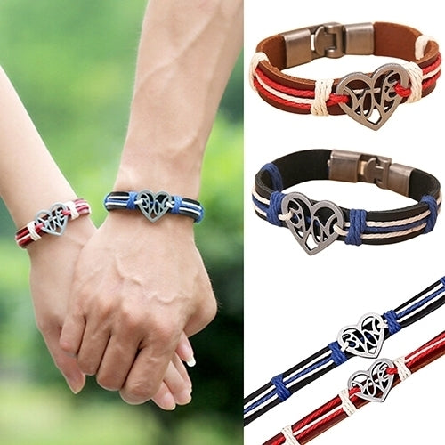 Lover Couple Hollow Love Heart Knitted Leather Bangle Alloy Cuff Buckle Bracelet Image 3