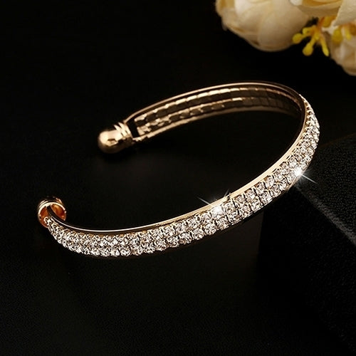 Ladys 2 Rows Crystal Rhinestone Bangle Wristband Cuff Open Bracelet Jewelry Image 6