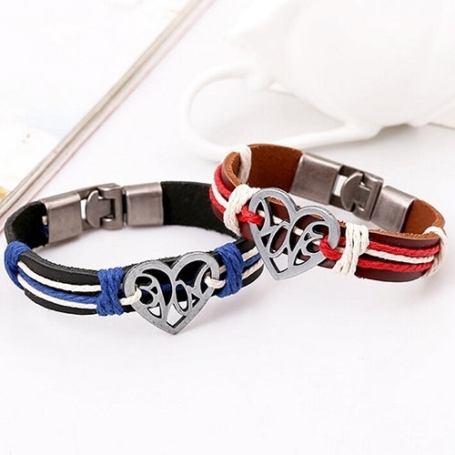 Lover Couple Hollow Love Heart Knitted Leather Bangle Alloy Cuff Buckle Bracelet Image 4