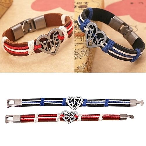 Lover Couple Hollow Love Heart Knitted Leather Bangle Alloy Cuff Buckle Bracelet Image 4