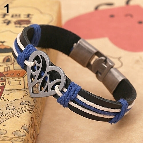 Lover Couple Hollow Love Heart Knitted Leather Bangle Alloy Cuff Buckle Bracelet Image 6