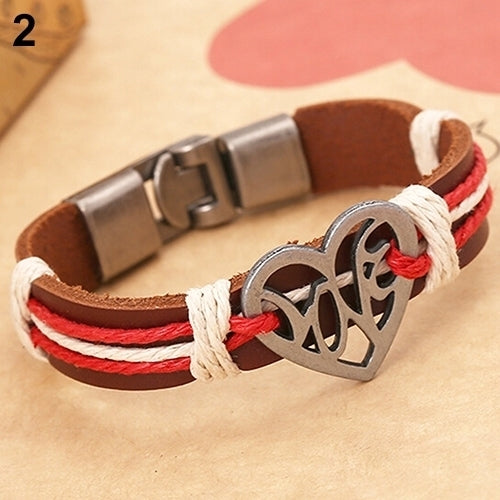 Lover Couple Hollow Love Heart Knitted Leather Bangle Alloy Cuff Buckle Bracelet Image 7