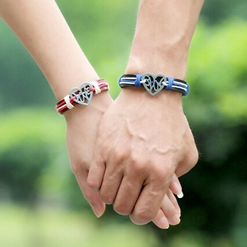 Lover Couple Hollow Love Heart Knitted Leather Bangle Alloy Cuff Buckle Bracelet Image 8