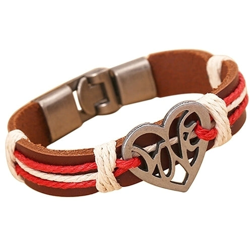 Lover Couple Hollow Love Heart Knitted Leather Bangle Alloy Cuff Buckle Bracelet Image 10