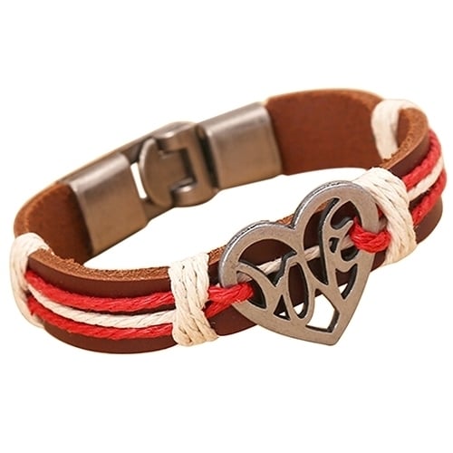 Lover Couple Hollow Love Heart Knitted Leather Bangle Alloy Cuff Buckle Bracelet Image 1