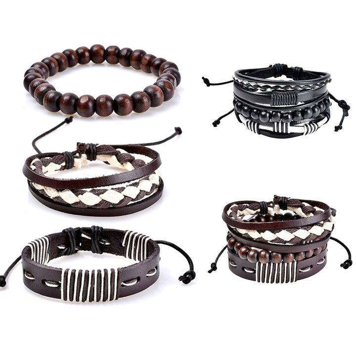 3Pcs Retro Braided Wooden Beads Faux Leather Bracelets Bangles Jewelry for Men Image 1