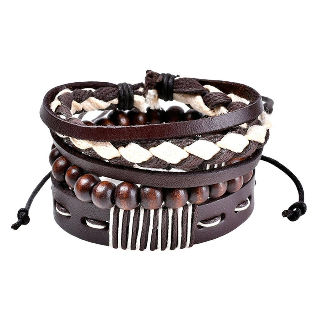 3Pcs Retro Braided Wooden Beads Faux Leather Bracelets Bangles Jewelry for Men Image 2