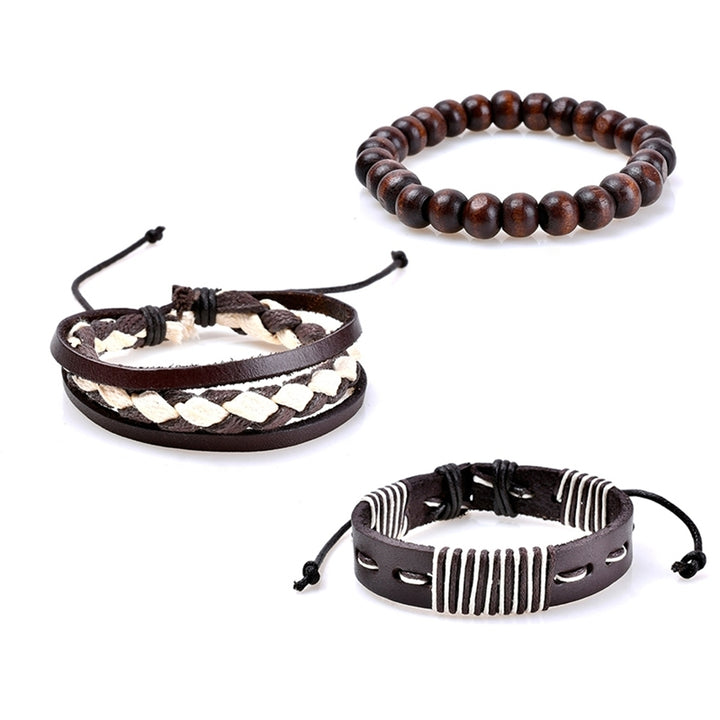 3Pcs Retro Braided Wooden Beads Faux Leather Bracelets Bangles Jewelry for Men Image 3