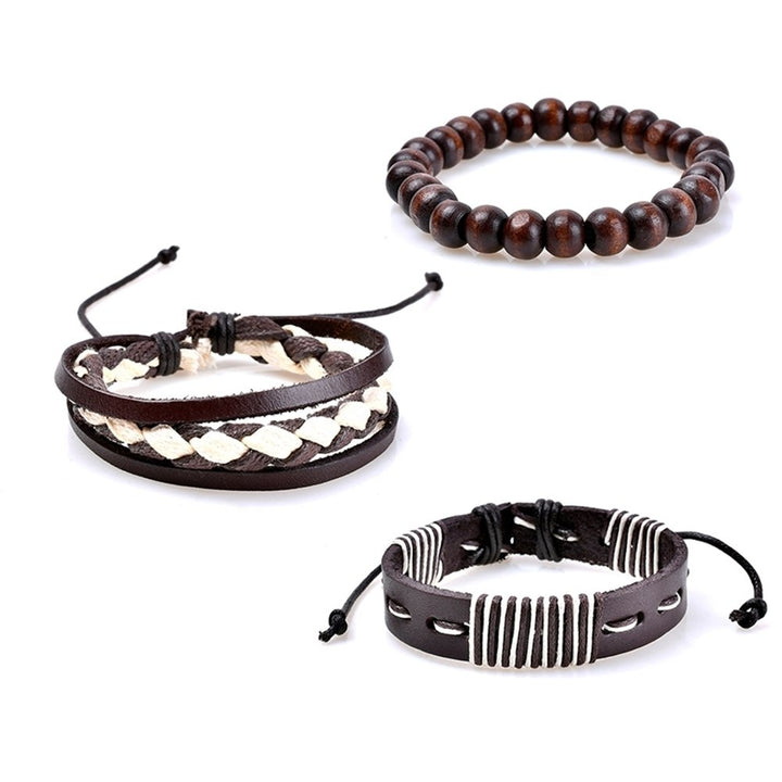 3Pcs Retro Braided Wooden Beads Faux Leather Bracelets Bangles Jewelry for Men Image 1