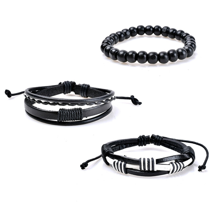 3Pcs Retro Braided Wooden Beads Faux Leather Bracelets Bangles Jewelry for Men Image 8