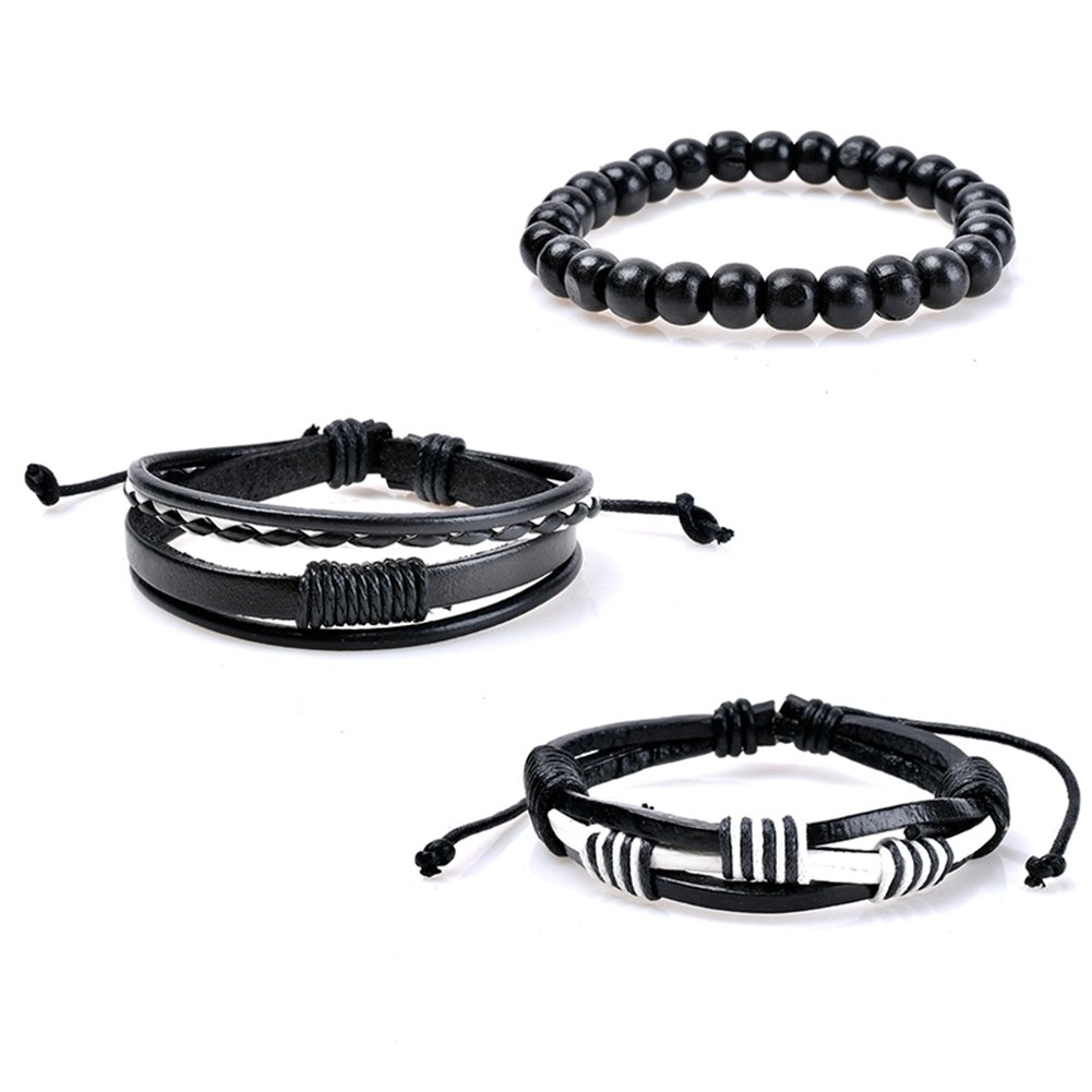 3Pcs Retro Braided Wooden Beads Faux Leather Bracelets Bangles Jewelry for Men Image 1