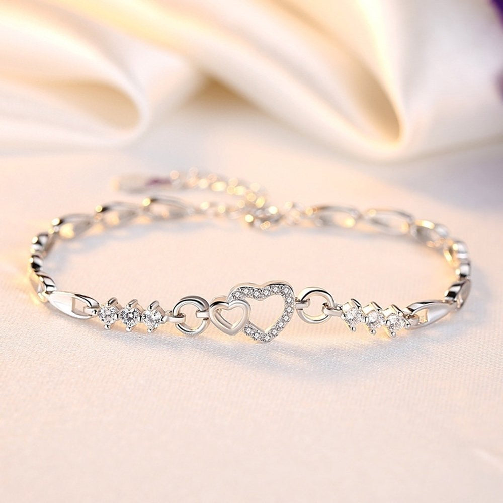 Women Jewelry Silver Plated Hollow Heart CZ Cubic Zirconia Bracelet Xmas Gift Image 2