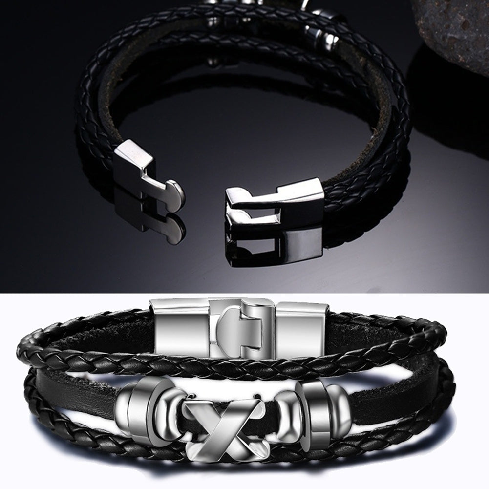 Men Fashion Letter X Bracelet Bangle Braid Faux Leather Clasp Jewelry Accessory Image 1