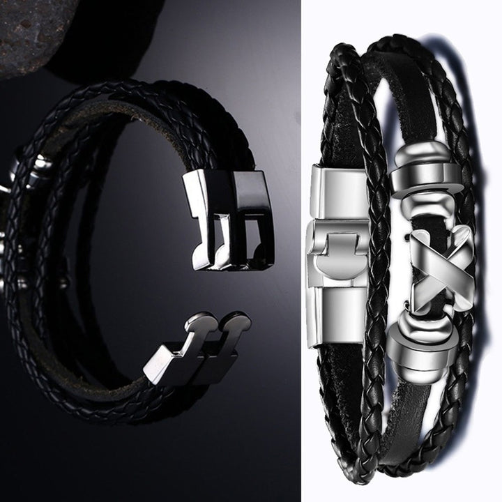 Men Fashion Letter X Bracelet Bangle Braid Faux Leather Clasp Jewelry Accessory Image 6