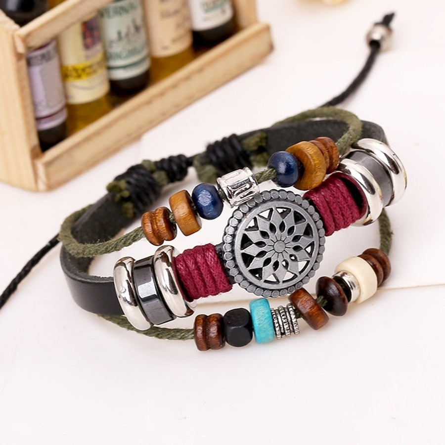 Retro Punk Cowhide Rope Multilayer Alloy Wood Beads Unisex Adjustable Bracelet Image 1