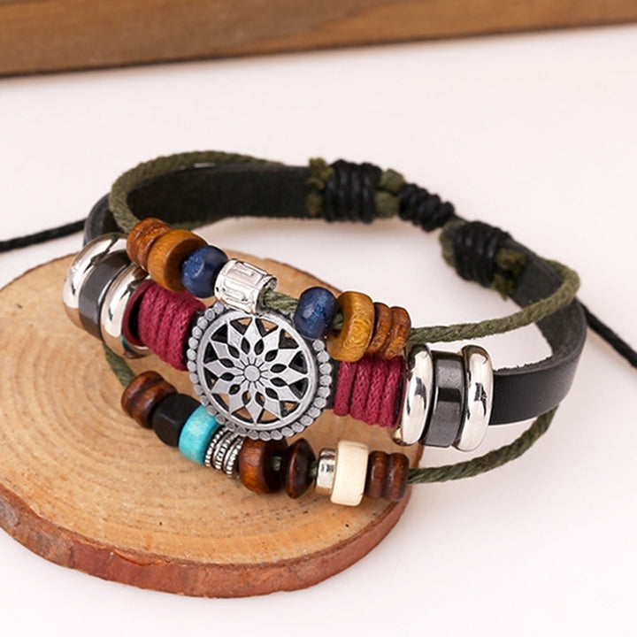 Retro Punk Cowhide Rope Multilayer Alloy Wood Beads Unisex Adjustable Bracelet Image 2