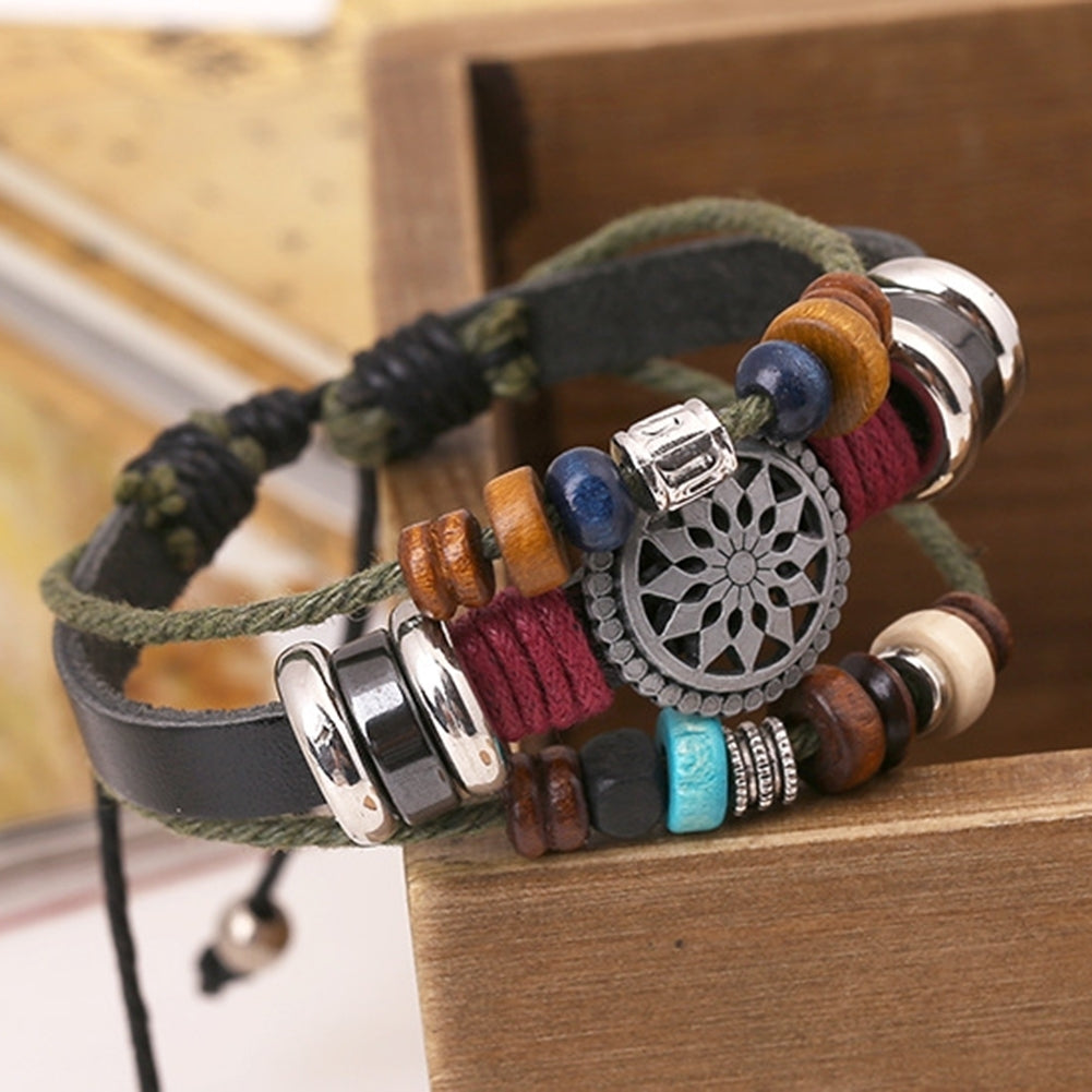 Retro Punk Cowhide Rope Multilayer Alloy Wood Beads Unisex Adjustable Bracelet Image 3