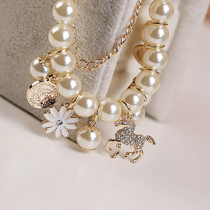 Horse Flower Charm Women Bracelet Faux Pearl Party Bangle Gift Fashion Jewelry Image 4