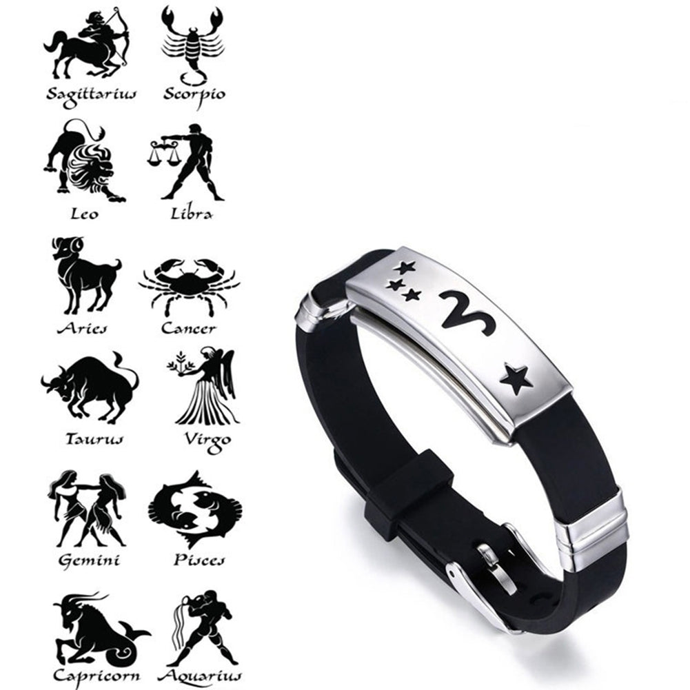 Mens Horoscope Stainless Steel Silicone Wristband Bangle Clasp Cuff Bracelet Image 1