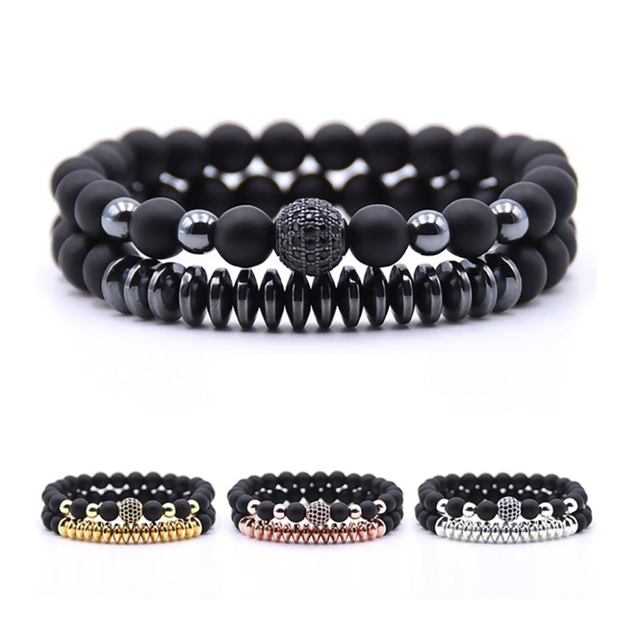 2Pcs Unisex Natural Stone Lava Rock Beaded Bracelet Handmade Couple Jewelry Image 1