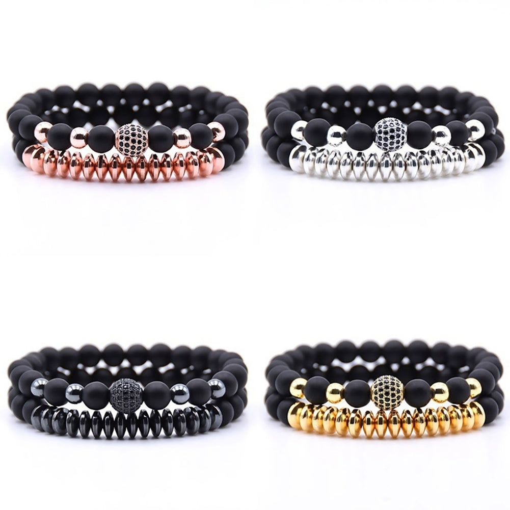 2Pcs Unisex Natural Stone Lava Rock Beaded Bracelet Handmade Couple Jewelry Image 2