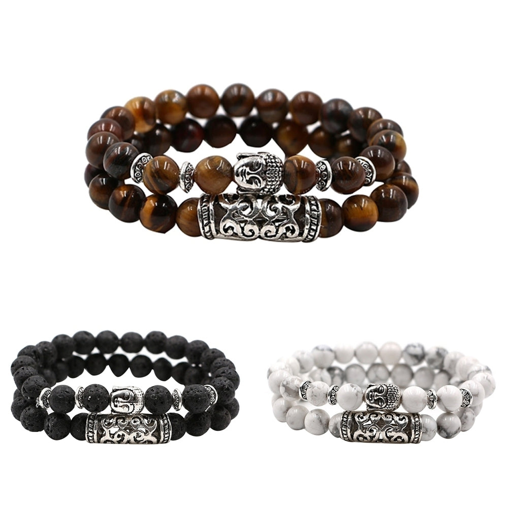 Fashion 2Pcs Natural Stone Yoga Jewelry Unisex Buddha Head Beads Bracelets Set Image 2