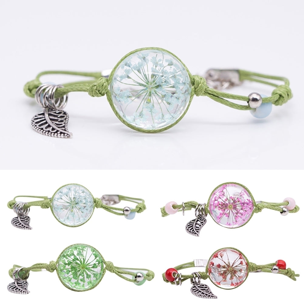 Women Weave Rope Dried Flower Glass Ball Leaf Bead Charm Bangle Bracelet Jewelry Image 1